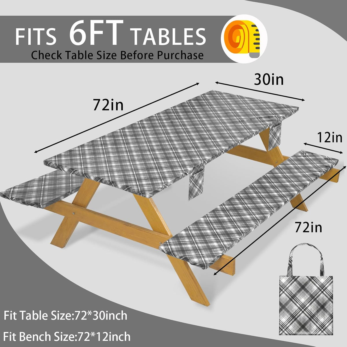 Fitted Waterproof Picnic Table Cover with Bench Covers Heavy Duty Elastic Outdoor Camping Tablecloth for 6 Foot Rectangle Tables Summer Rv Accessories Patio Garden Road Trip Essentials Gifts