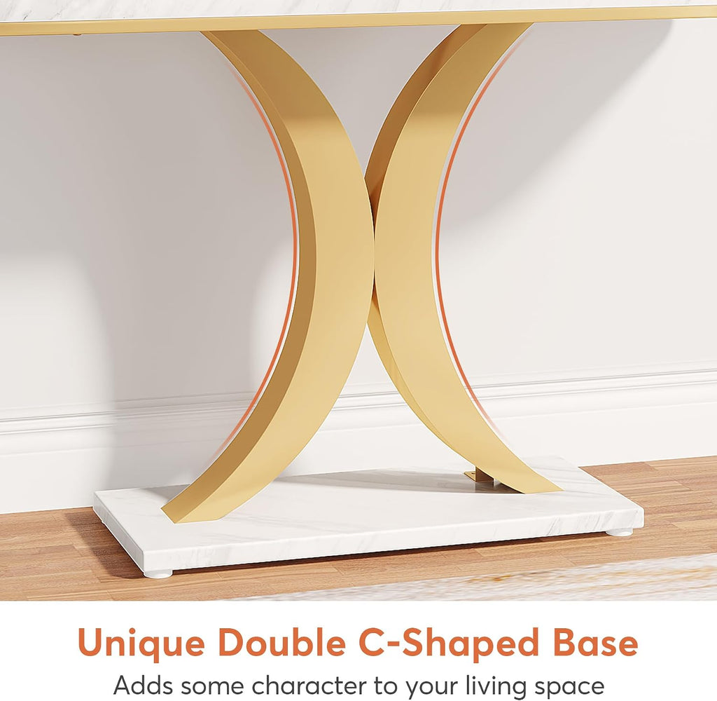 Tribesigns Modern Gold Console Table, 40 inch Narrow Entryway Foyer Table with Geometric Base, Rustic Hallway Accent Table for Living Room, Entrance, White and Gold