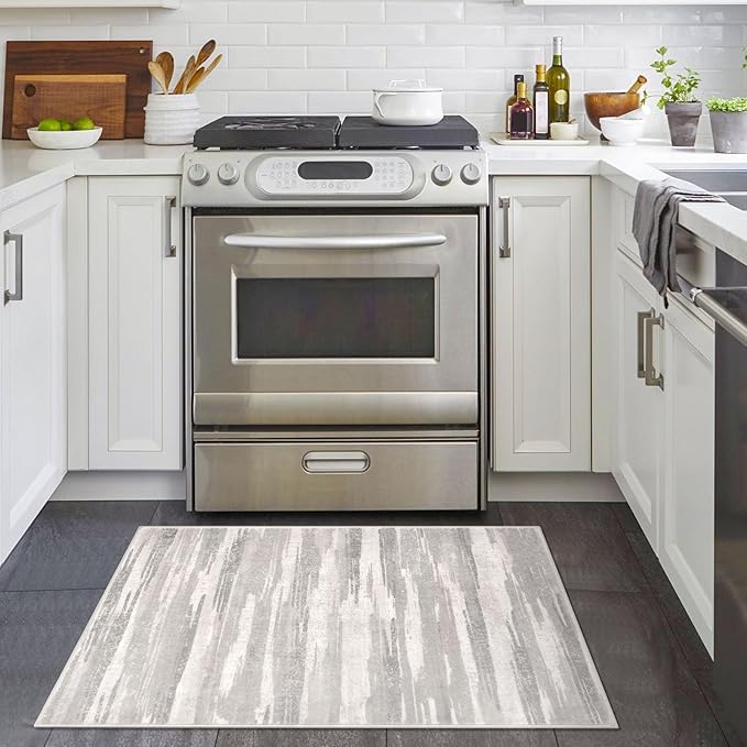 Lansny Modern Abstract Entryway Rug Indoor 2x3 Neutral Washable Non-Slip Soft - Image 2
