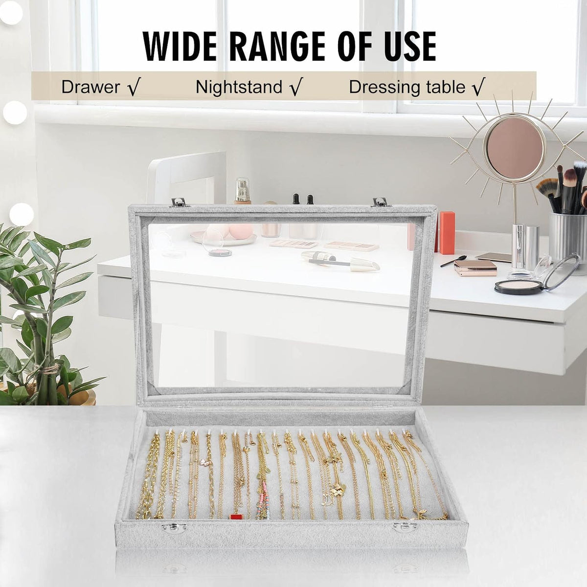 Siveit Necklace Organizer Box Premium 20 Hooks Necklace Display Jewelry Tray with Transparent Lid Jewelry Necklace Display Box for Necklace Pendants Suitable for Women and Girls (Grey)