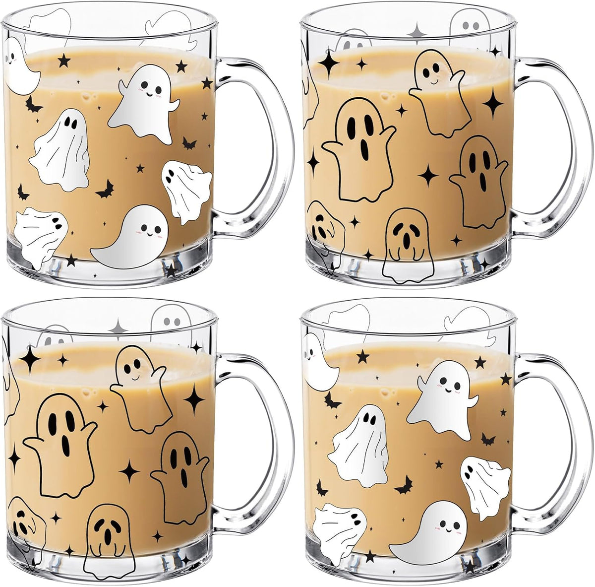 4 Pcs 12oz Halloween Ghosts Glass Coffee Mugs with Handle
