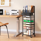 9-Tier Rolling File Cart - Paper Organizer with Drawer and Trays, Wood Desk Office Organizer, Office Organization and Binder Storage for Workspace, Home, School, Black