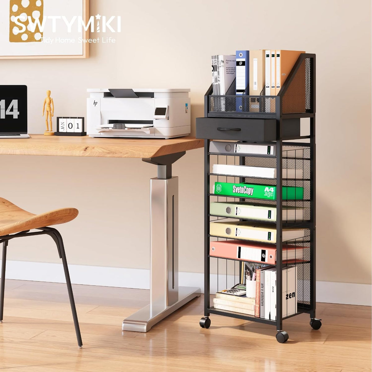9-Tier Rolling File Cart - Paper Organizer with Drawer and Trays, Wood Desk Office Organizer, Office Organization and Binder Storage for Workspace, Home, School, Black