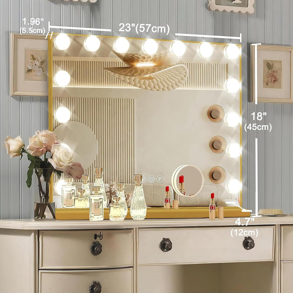 Ratsamee Gold Hollywood Vanity Mirror with Lights, 15 Dimmable Bulbs, 3 Color Lights,Make Up Lighted Mirror, Aluminum Metal Frame, USB Charging Port（23" x 18"）