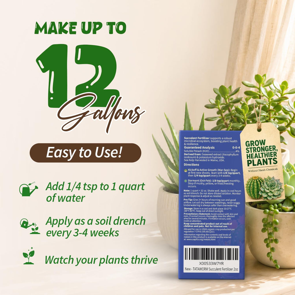 Organic Succulent Fertilizer, 2oz Makes 12 Gallons, Liquid Kelp Plant Food