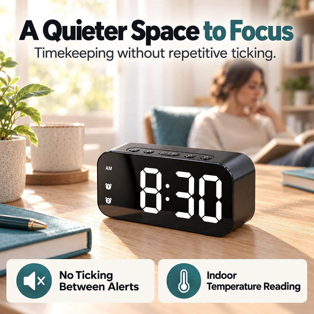 Alarm Clock Small Digital Desk for Bedrooms Bathroom Battery Operated Bedside Travel Powered Teens with Backup Simple Loud Nightstand Mini Large Display Table Desktop Office Shelf Seniors Portable LED