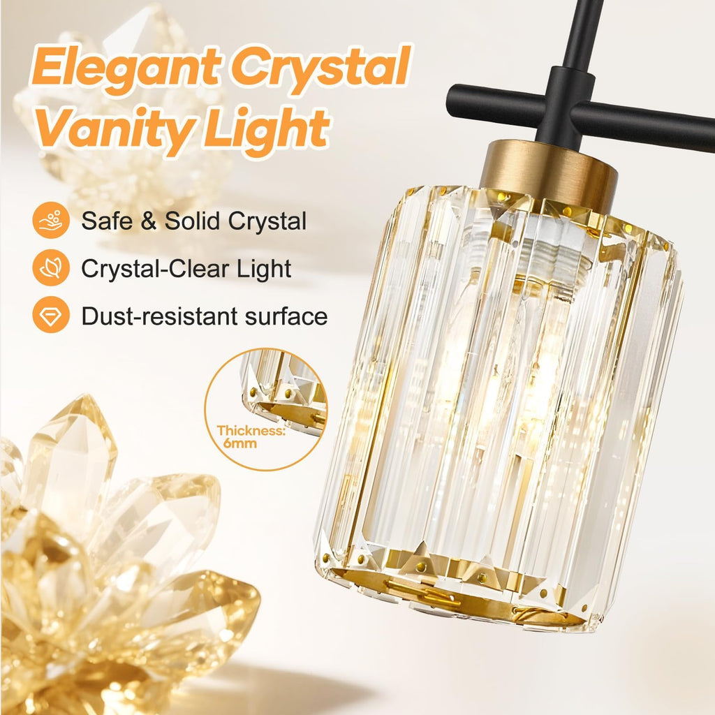 Modern Crystal Bathroom Vanity Light Fixtures, 2-Light Black and Gold Bathroom Wall Sconce Lighting for Over Mirror, Clear K9 Crystal Shades, E26 Base, Bulbs Not Included