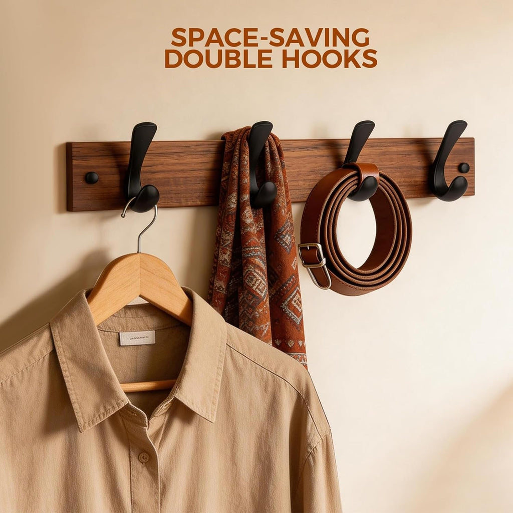 Wooden Coat Rack Wall Mount,Teak Solid Wood Coat Hanger with 4 Metal Hooks,16 inch Mounting Hole Spacing,Rustic Wall-Mounted Coat Racks for Towel,Hat,Key,Jacket,Clothes (1, Teak (Mixed Grain))