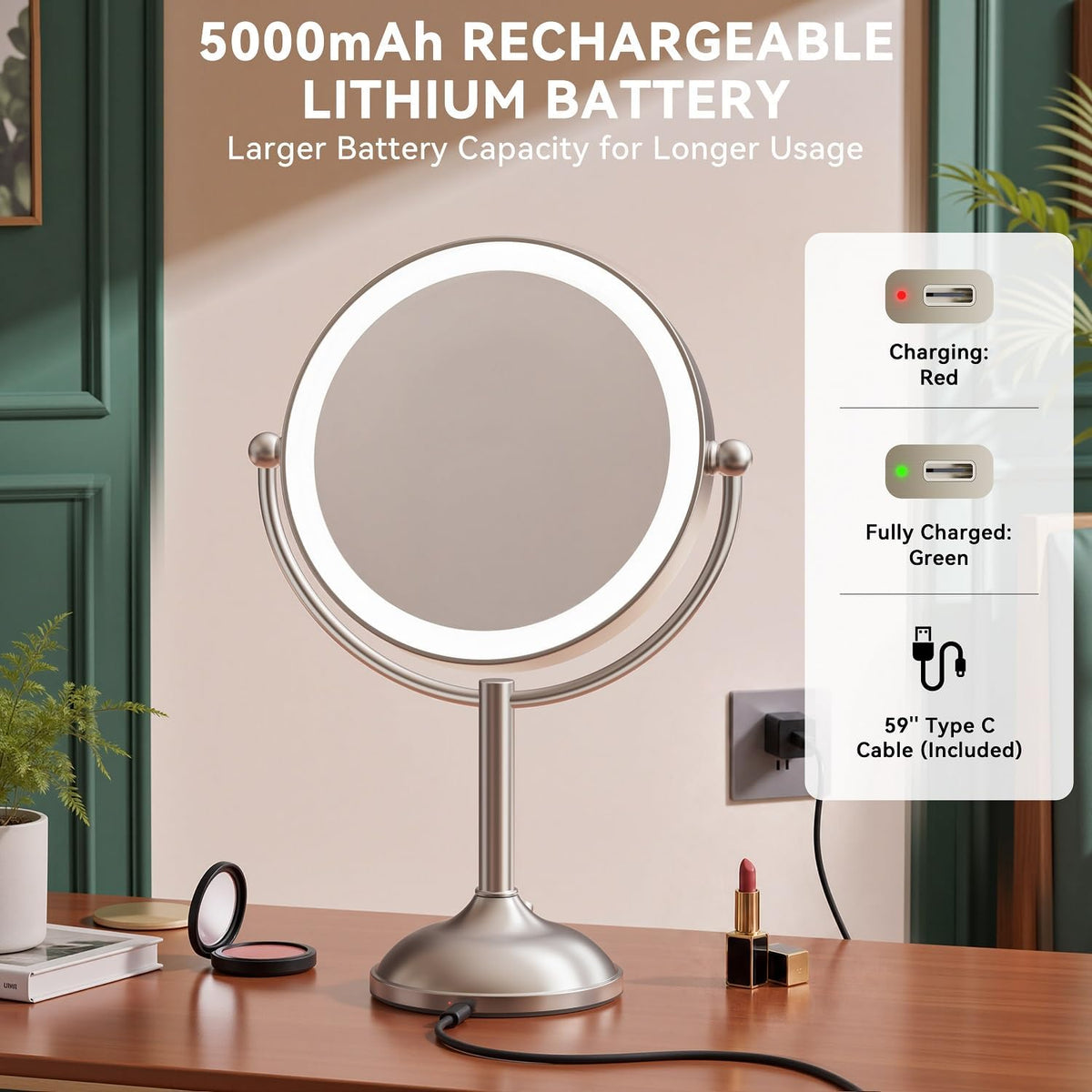 Auxmir 9" 5000mAh Magnifying Mirror with Light, 1X/30X Makeup Mirror