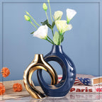 Navy Blue Home Decor Ceramic Vase, Navy Blue Gold Vase with Holes Set of 2