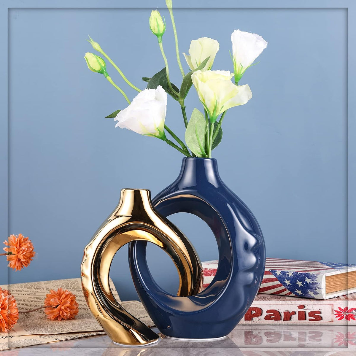 Navy Blue Home Decor Ceramic Vase, Navy Blue Gold Vase with Holes Set of 2