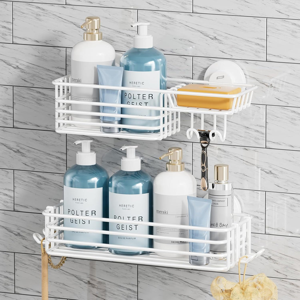 TAILI Shower Caddy Suction Cup 2 Pack with Hooks & Soap Holder, Brown