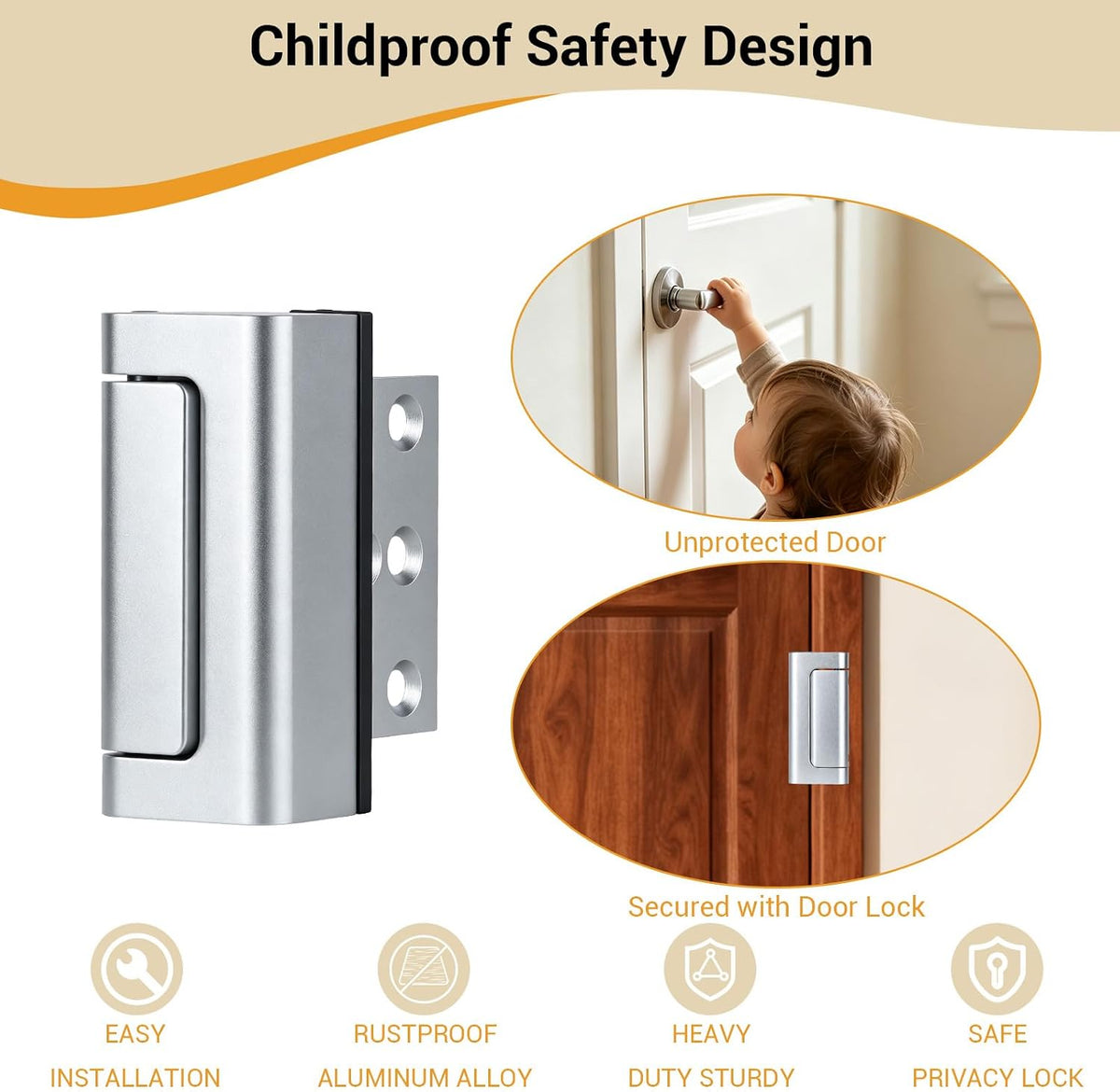 Home Security Door Reinforcement Lock, 800 Lb, Inward Swing Doors, 2 Pack
