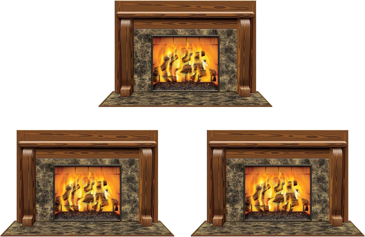 Beistle Fireplace Insta-Views – 3-Pack Wall Scenes with Realistic Burning Fire Image Printed on Thin Clear Plastic, Cozy Hearth Look for Christmas Holiday or Winter Parties, 3' 2" x 5' 2"