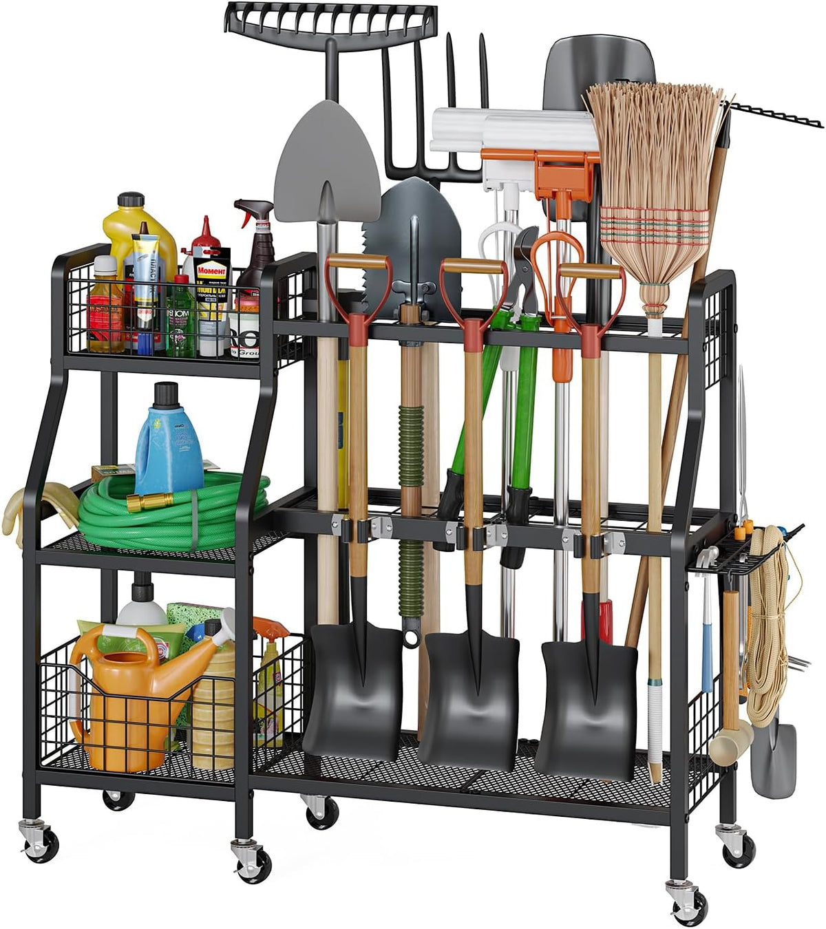 Heavy-Duty Garden Tool Organizer with 6 Wheels and 2 Baskets
