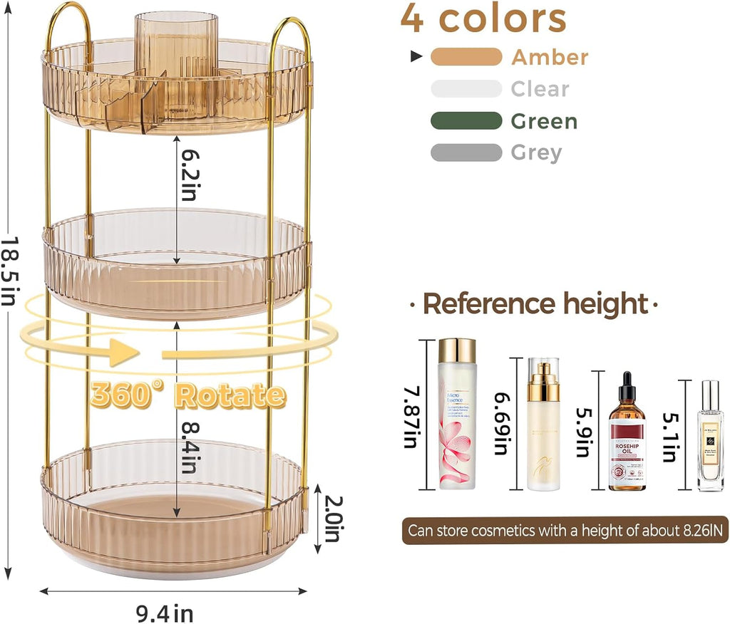360° Rotating Makeup Organizer, Upgraded 3 Tier Skincare Perfume Organizers for Women, Bathroom Organizer Countertop, Clear Cosmetic Dresser Organizer with Makeup Brush Holder, Sink&Counter(Amber)