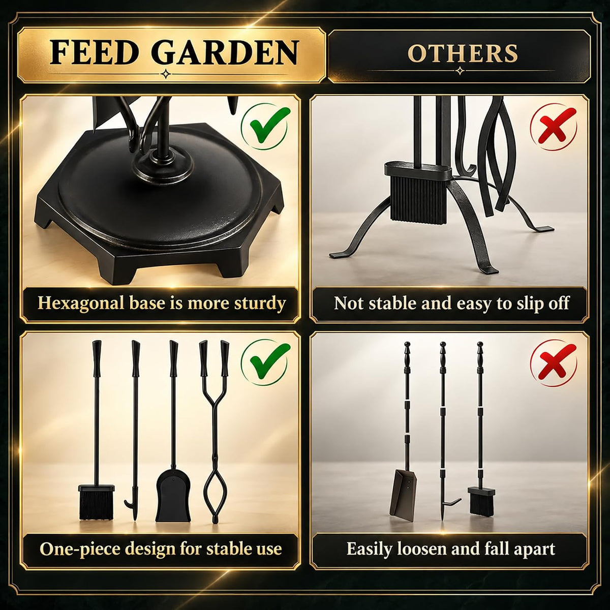 FEED GARDEN 5-Piece Fireplace Tools Set, 10mm Solid Wrought Iron, 10 lb