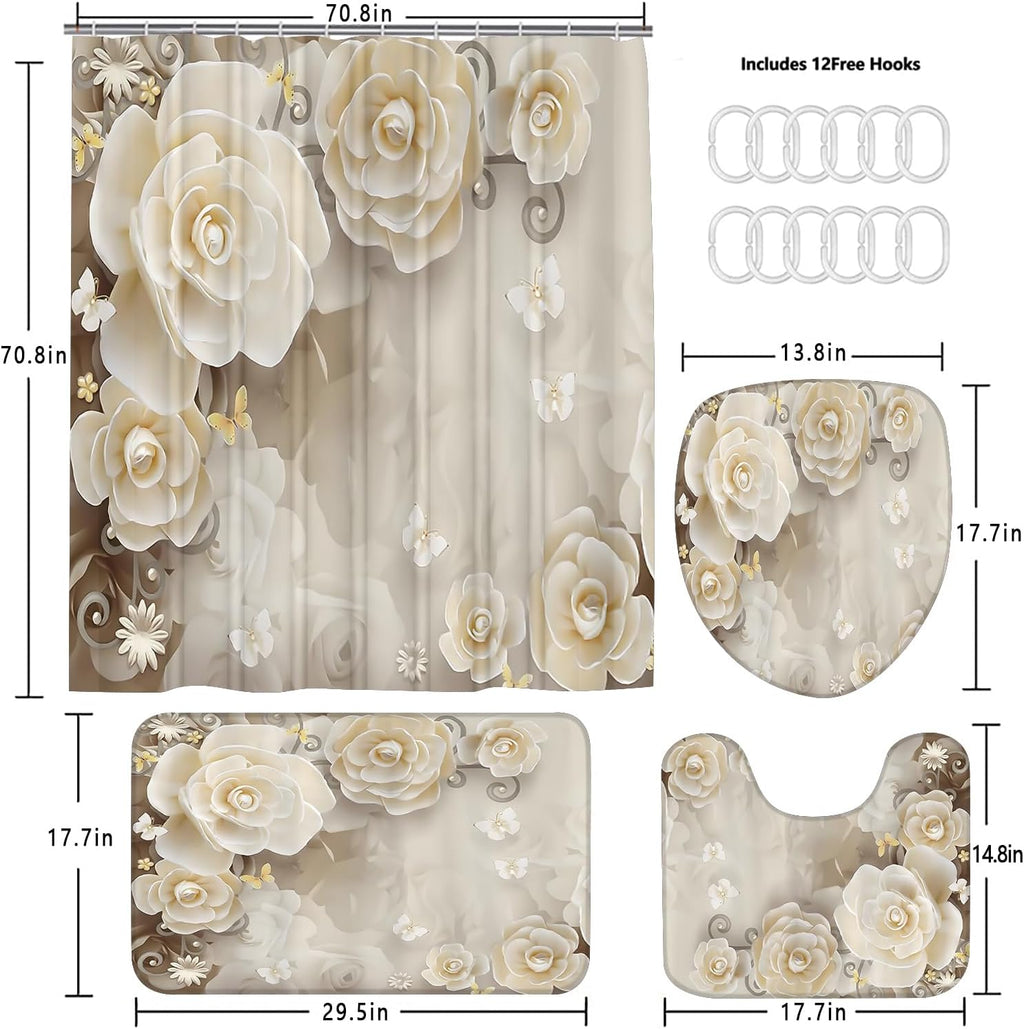 Chrainy 4pcs Beige Flowers Shower Cutain Bathroom Decor Sets with Rugs