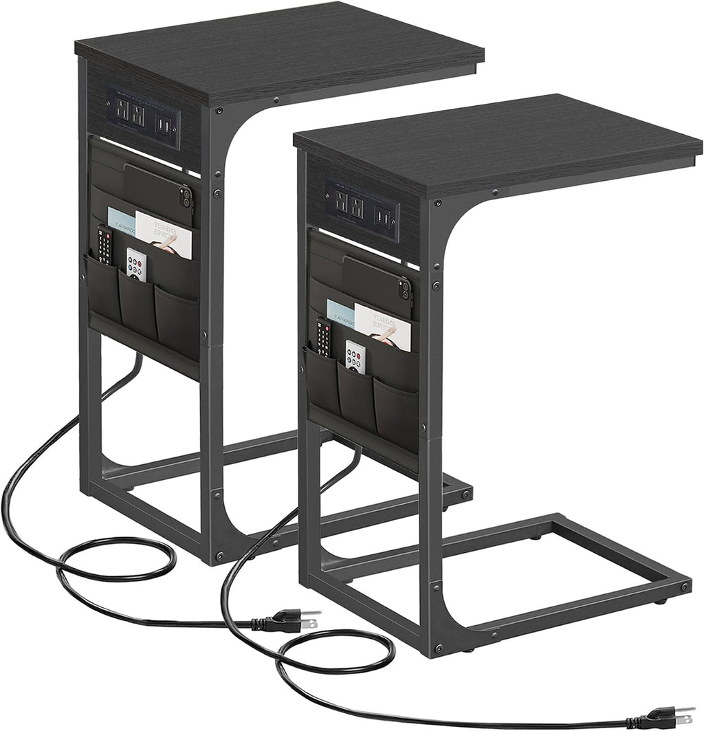 TUTOTAK C Shaped End Table with Charging Station, Side Table for Sofa