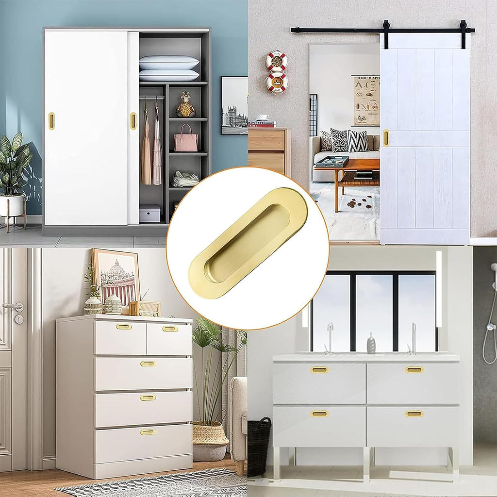 MOROBOR 4Pcs Stainless Steel Side Hole Flush Pull, Oval Bright Gold Embedded Sliding Door Handle Recessed Finger Pulls with Hidden Screws for Pocket Door Drawer Cupboard Wardrobe