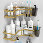 AKTECKE Corner Shower Caddy Shelf Rack: 2 Pack Adhesive Shower Organizer Essentials - No Drilling Stainless Steel Bathroom Storage Rack with Hooks and Toothpaste Holder