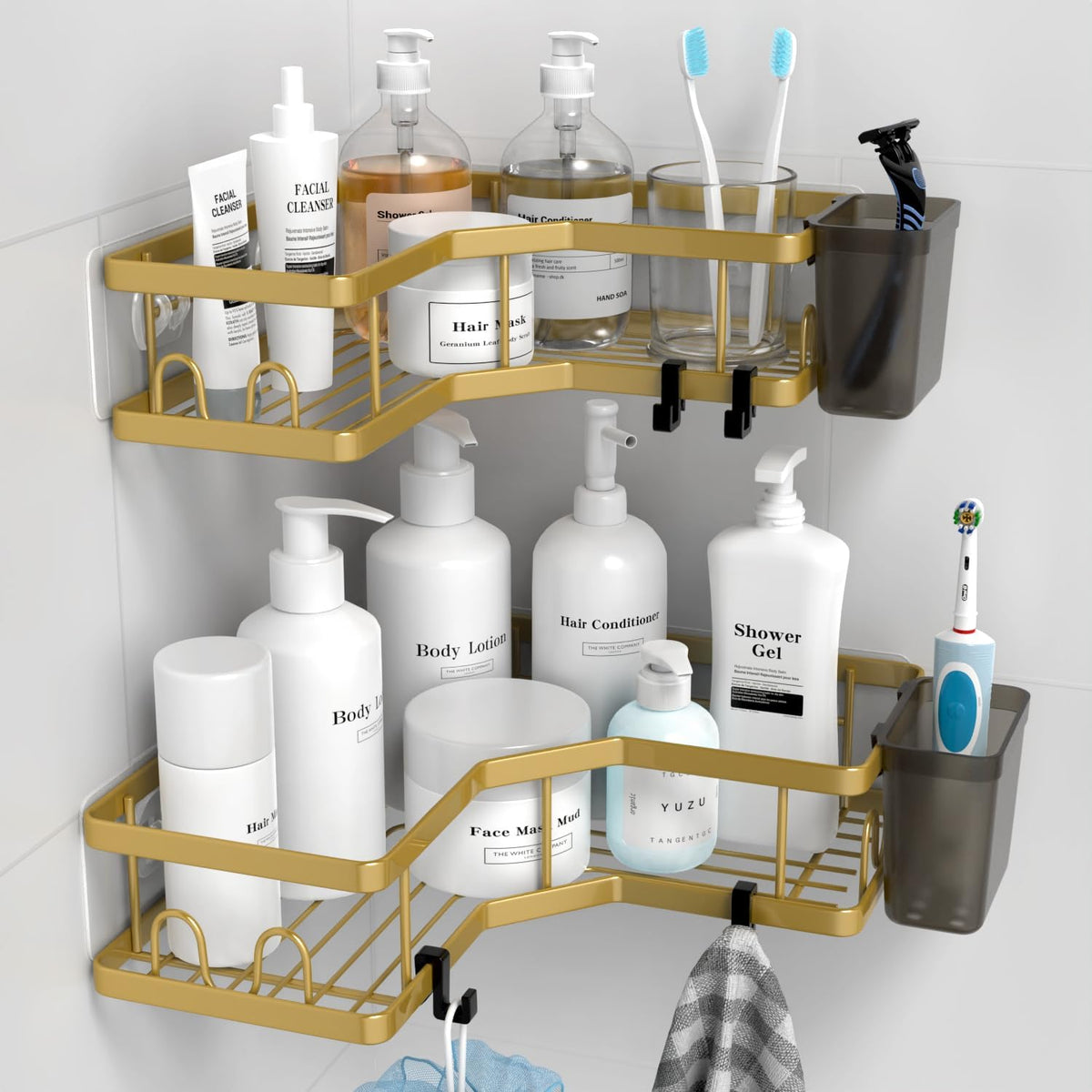 AKTECKE Corner Shower Caddy Shelf Rack: 2 Pack Adhesive Shower Organizer Essentials - No Drilling Stainless Steel Bathroom Storage Rack with Hooks and Toothpaste Holder