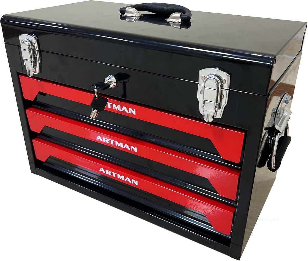 3 Drawers Tool Box with Key Locking and Ball-Bearing Drawers,Multifunctional Home Repair Kit w/Wrench/Screwdriver/Pliers/Hammer,for DIY Enthusiast,Mechanic, Maintenance Worker,Black