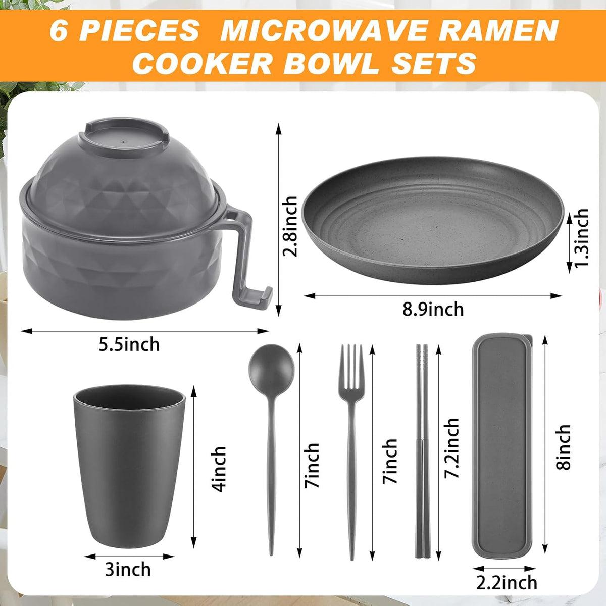 6 Pcs Microwave Ramen Cooker Set 40oz Bowl, Grey