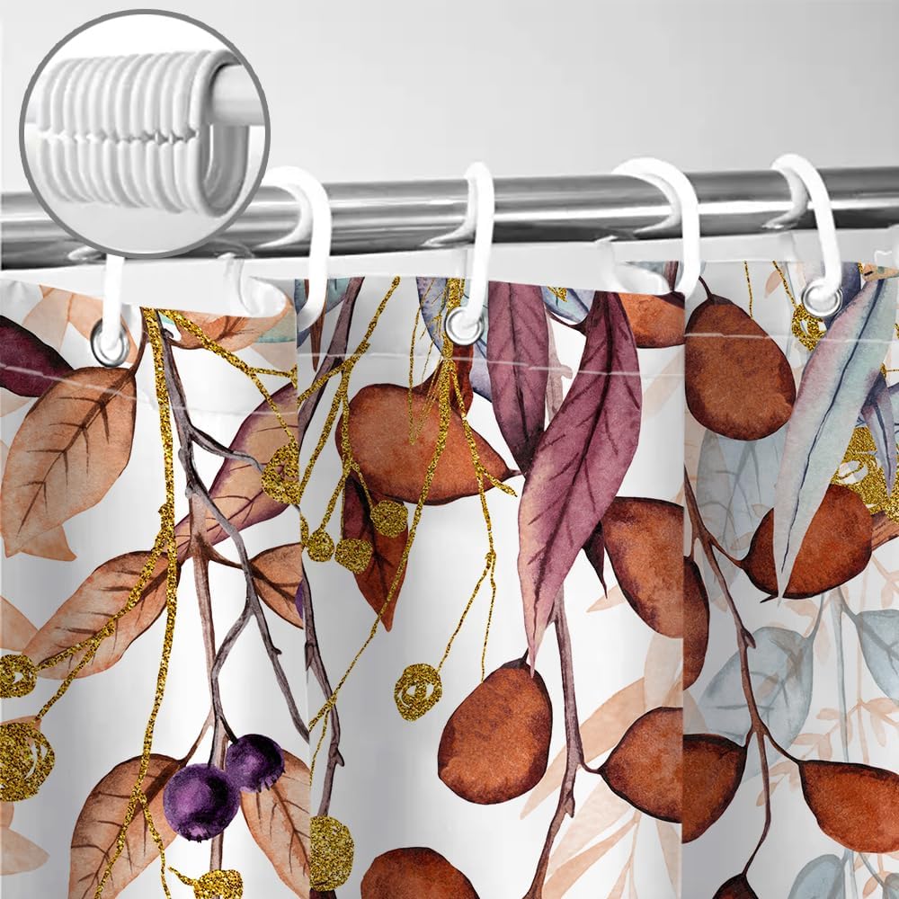 Fall Pumpkin Leaves Shower Curtain, Cute Autumn Harvest Thanksgiving Yellow Boho Watercolor Eucalyptus Leaves Fabric Shower Curtains Set for Bathroom Decorative with Hooks 72 X 72 Inch Bath Decor