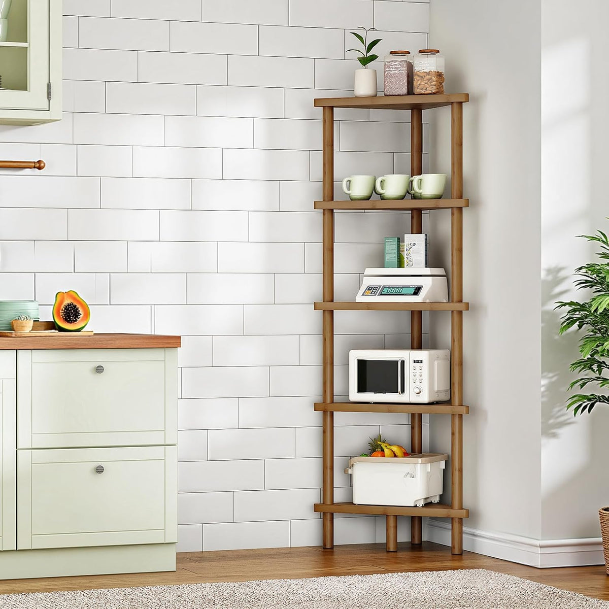 HOOBRO Corner Shelf Stand, 5-Tier Bamboo Corner Bookshelf, Plant Display Shelf, Corner Bookcase, Multipurpose Shelving Unit for Small Space, Living Room, Easy Assembly, Mocha MA20CJ01