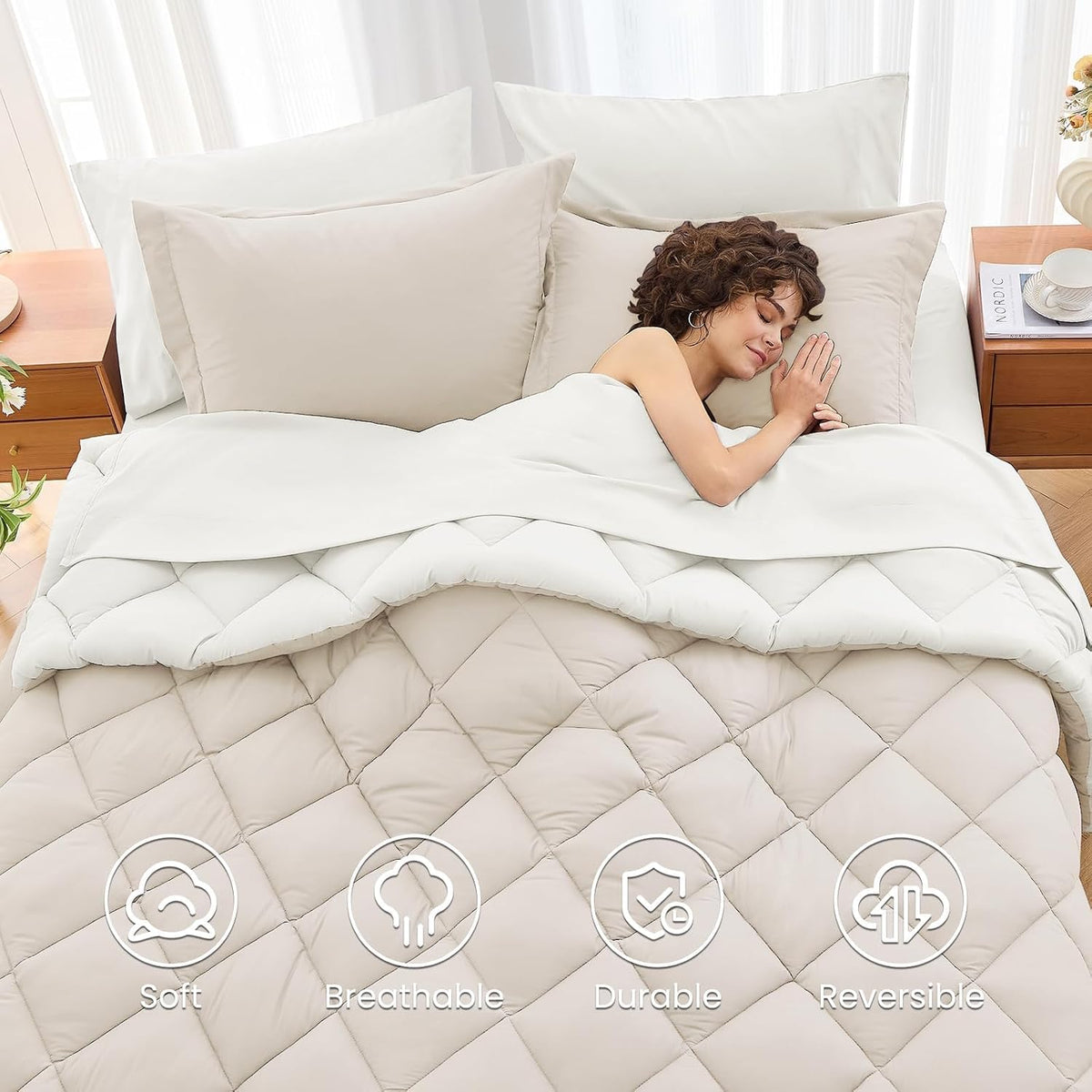 MUXHOMO Queen Comforter Set 7 Pieces, Reversible Bed in a Bag, Beige/White