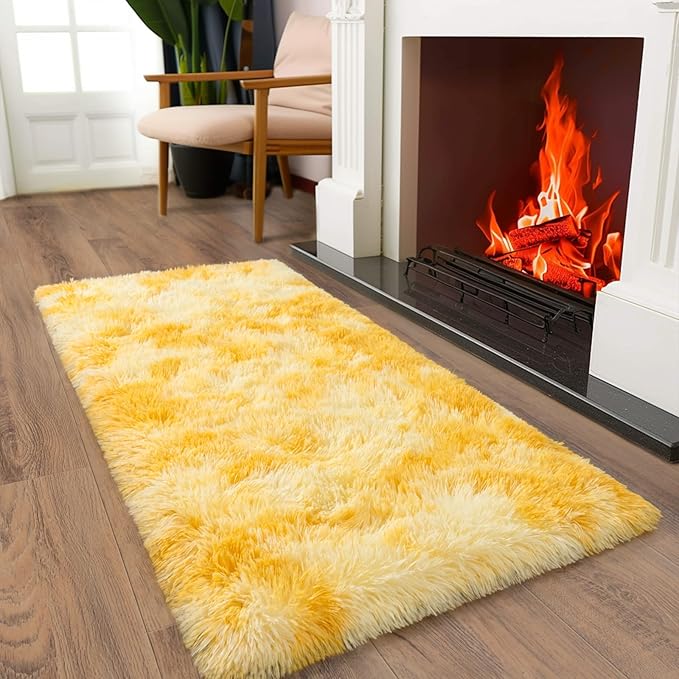 Soft Runner Rugs for Bedroom Hallways, 2x4 Tie-Dyed Yellow Fluffy Shag Throw - Image 3