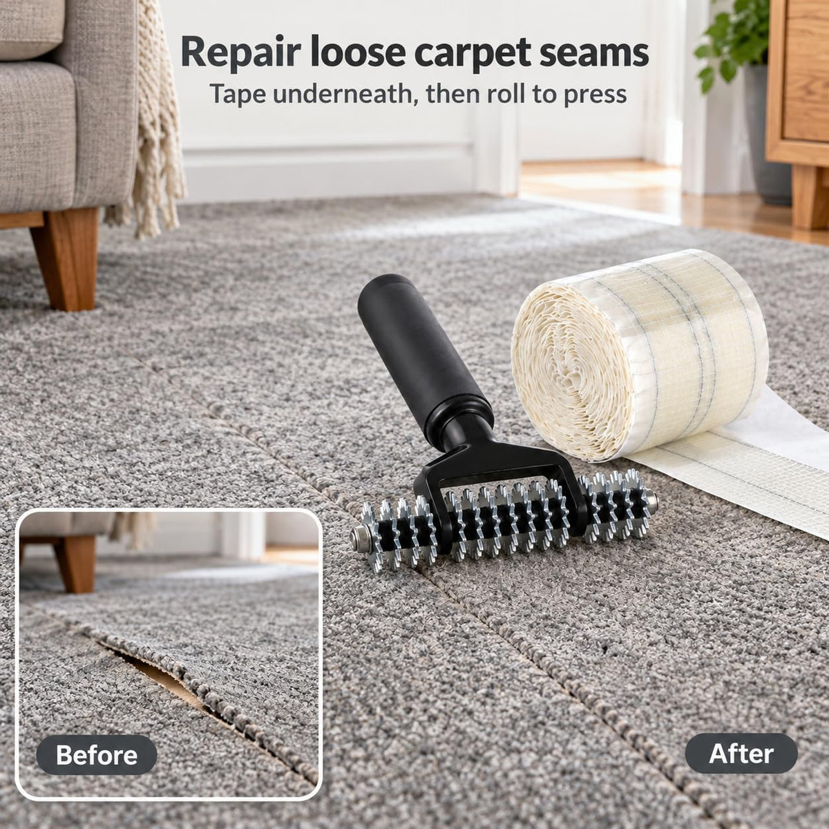 Carpet Patch Repair Kit with Star Wheel Seam Roller and 30.2 ft Double-Sided Joining Tape, Heatless DIY Floor Patching Tools for Rugs, Home and Office Use