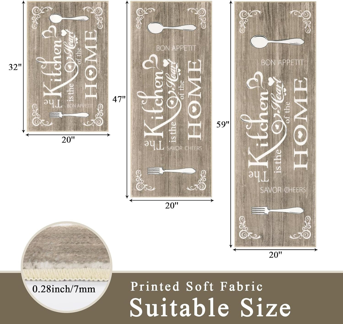 Vaukki Boho Kitchen Rug Sets 3 Piece,Dark Brown Washable Kitchen Floor Mat