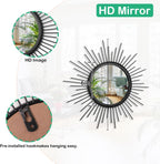 Sunburst Wall mirror Black Small Spoked Wall Decor Mirror Bohemian Home Round Modern Metal Wall Art Mirror for Living room Hallway Bedroom Bathroom Balcony Farmhouse Entrance 12"