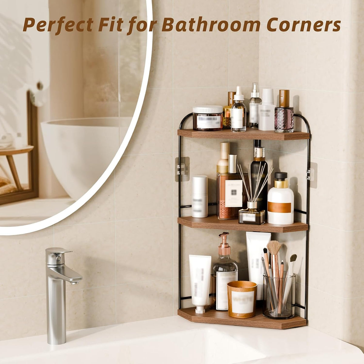 Corner Bathroom Counter Organizer, 3-Tier Wood Countertop Organizer