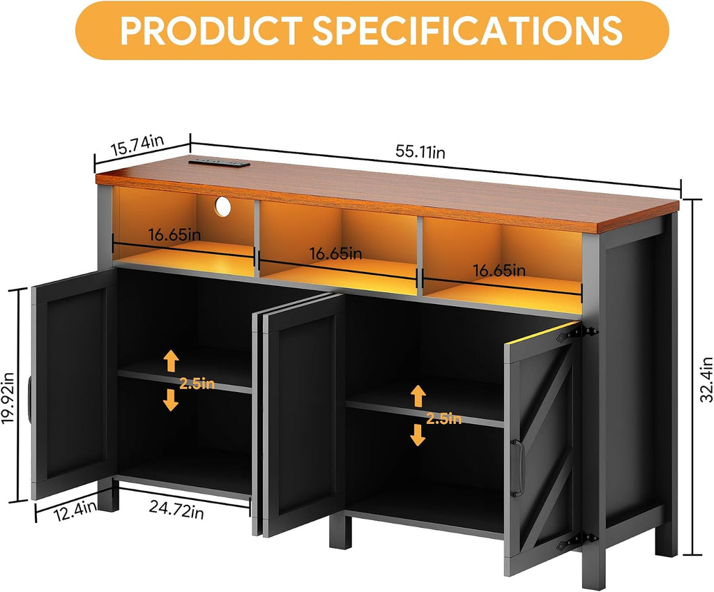 knoworld Buffet Sideboard with Storage with Power Outlets & LED Light, Large Farmhouse Kitchen Storage Cabinet Wood 4 Doors Coffee Bar Cabinet for Kitchen, Living Room, Black 55in