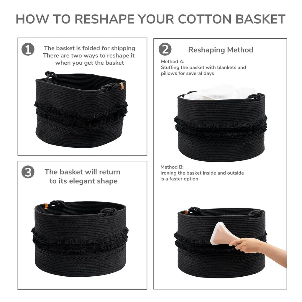 CherryNow 90L Large Woven Rope Blanket Basket with Tassel, 22" x 14", Black