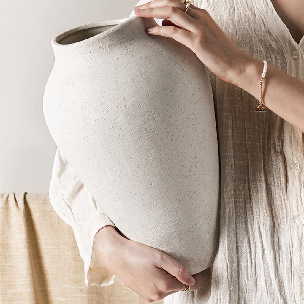 Large White Ceramic Vase - 9.8 Inch Rustic Farmhouse Flower Vase for Home Decor, Minimalist Tall Vases for Living Room, Table, Bathroom, Holiday & Weddings (Sandstone White)