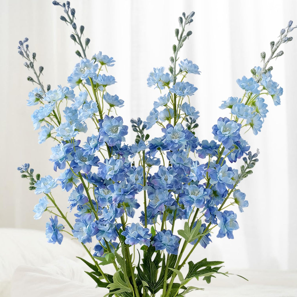 JINWOE 4Pcs Blue Delphinium Artificial Flowers, 34'' Lifelike Faux Larkspur Silk Flowers,Long Stem Fake Delphinium Plant Flower for Tall Floor Vase Outdoor Bouquet Home Table Kitchen Decor