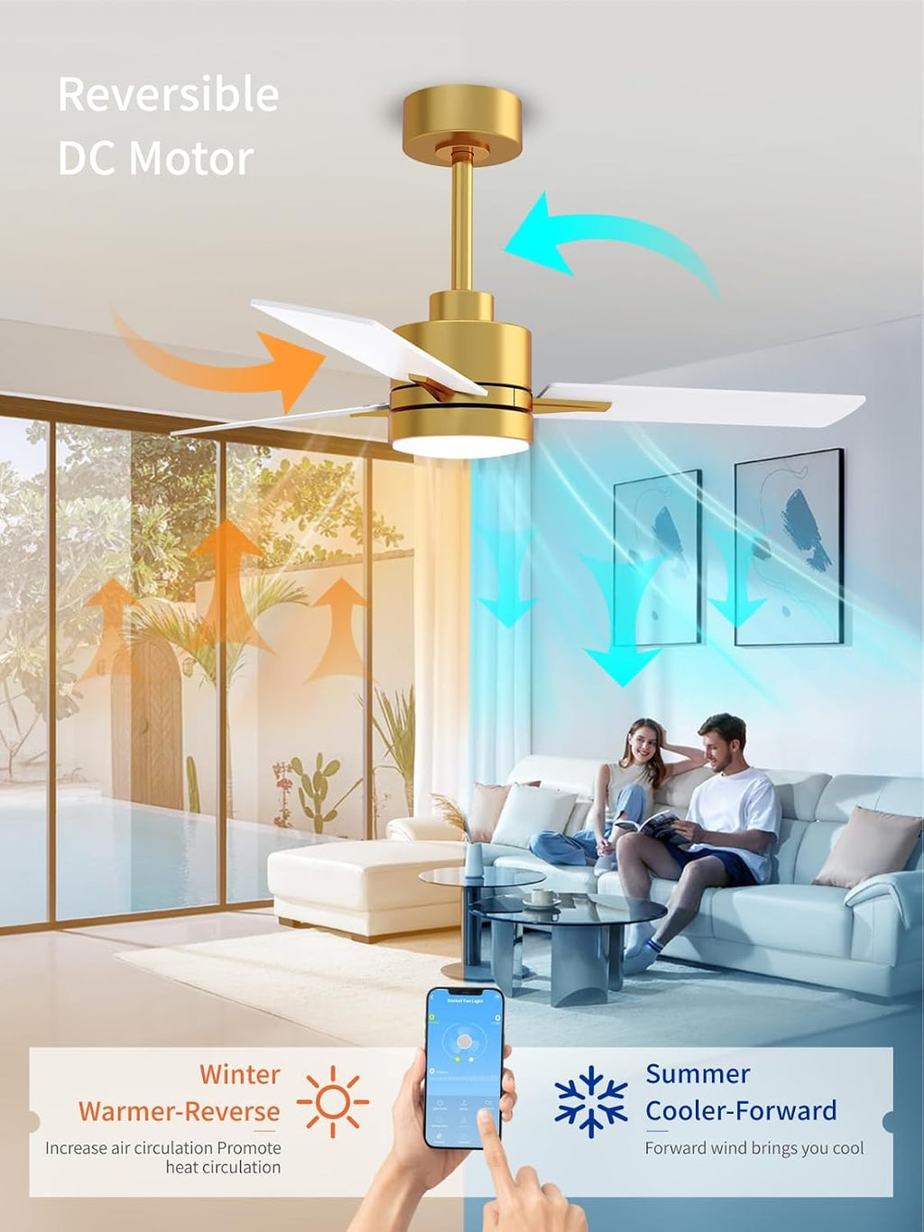 LANMEL Metal Ceiling Fan with Lights and Remote, 42 Inch, Gold & White