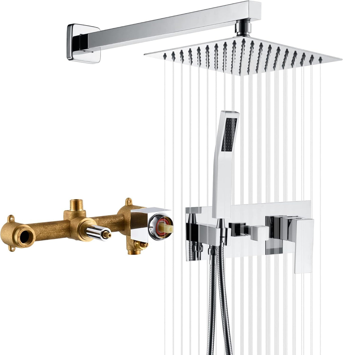 SUMERAIN Brushed Nickel Rain Shower System with Handheld Shower, Pressure Balance Shower Head System with Rough in Valve