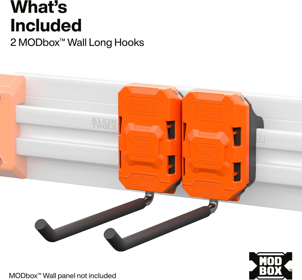 KLEIN TOOLS 54858MB MODbox Long Prong Hook 2-Pack, Modular Wall-Mounted Tool Hangers for Garage, Trailer, and Jobsite Storage, Dual-Use Mounting, Tool-Free MODbox Panel Compatibility