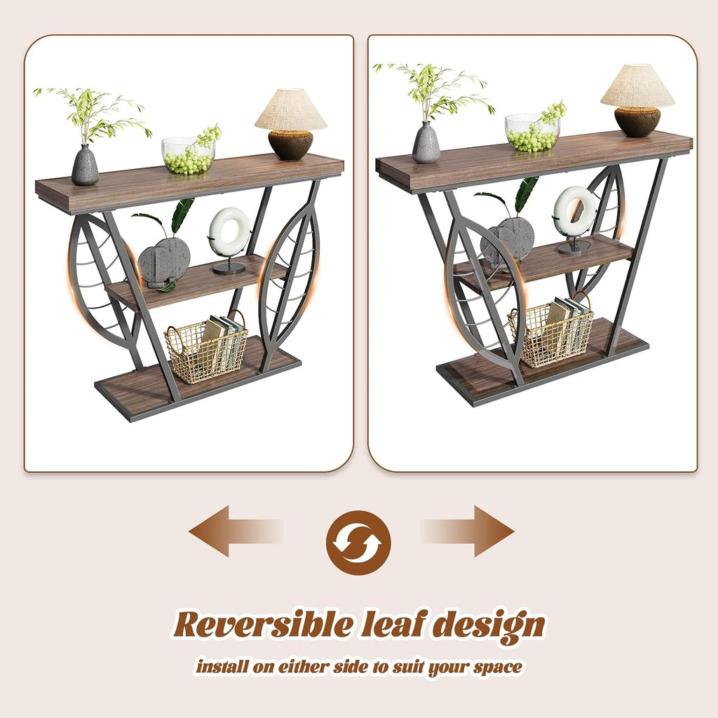 HavenlyYouth Leaf Design Console Table for Entryway, 3-Tier Storage, 30mm Thick Industrial Metal Frame, Easy-to-Assemble Narrow Accent Table, Space-Saving for Hallway, Entrance, Foyer.Gray