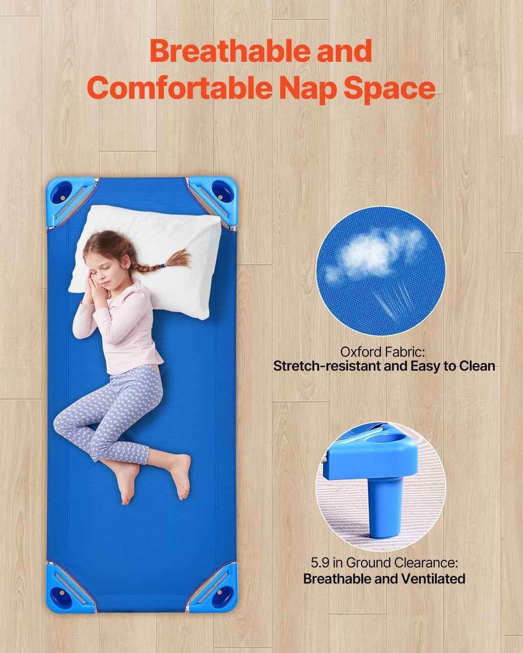 VEVOR Stackable Kiddie Cot, Pack of 4, Portable Toddler Nap Cots, Standard Size 52" L x 23" W Daycare Cots for Kids, Preschool Classroom Daycare Beds for Sleeping, Resting, Naptime, Blue