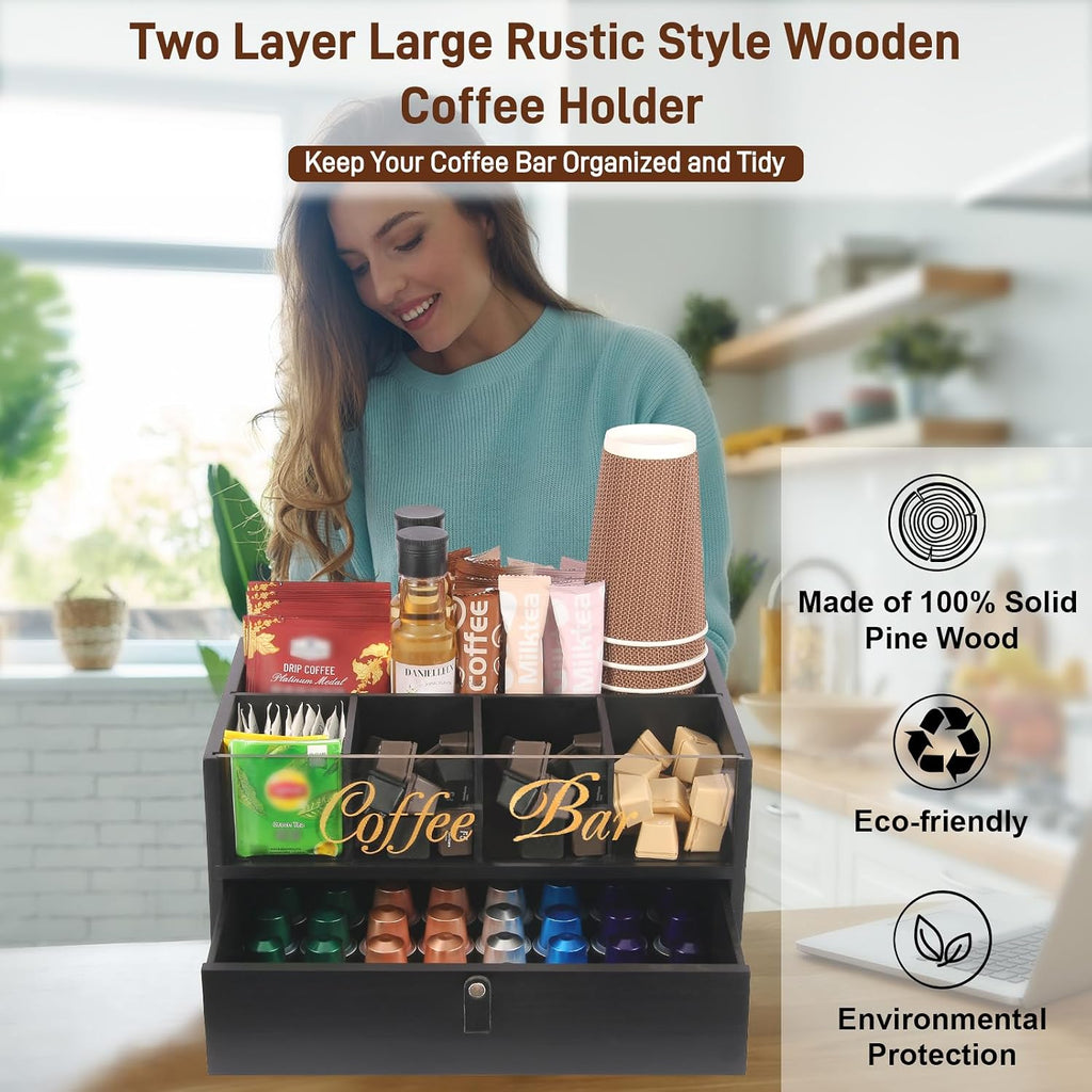 2-Tier Coffee Bar Organizer with Clear Acrylic Top, Built-in Drawer and Leather Handle Pull for Countertop, Stylish Coffee Station Storage Box for Accessories, Pods, Great Gifts for Home
