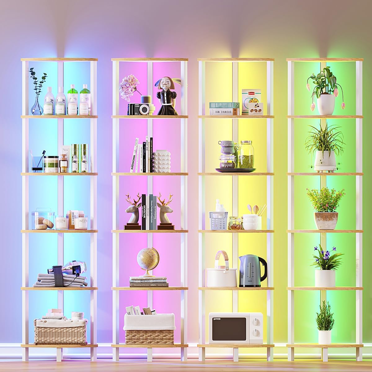 VIMBER 6-Tier Corner Shelf with LED Light, Industrial Corner Ladder Shelf, Rustic Display Shelf for Living Room, Bedroom, Kitchen, Home Office, Sturdy Frame, White and Nature Wood Color UJSJ002Q