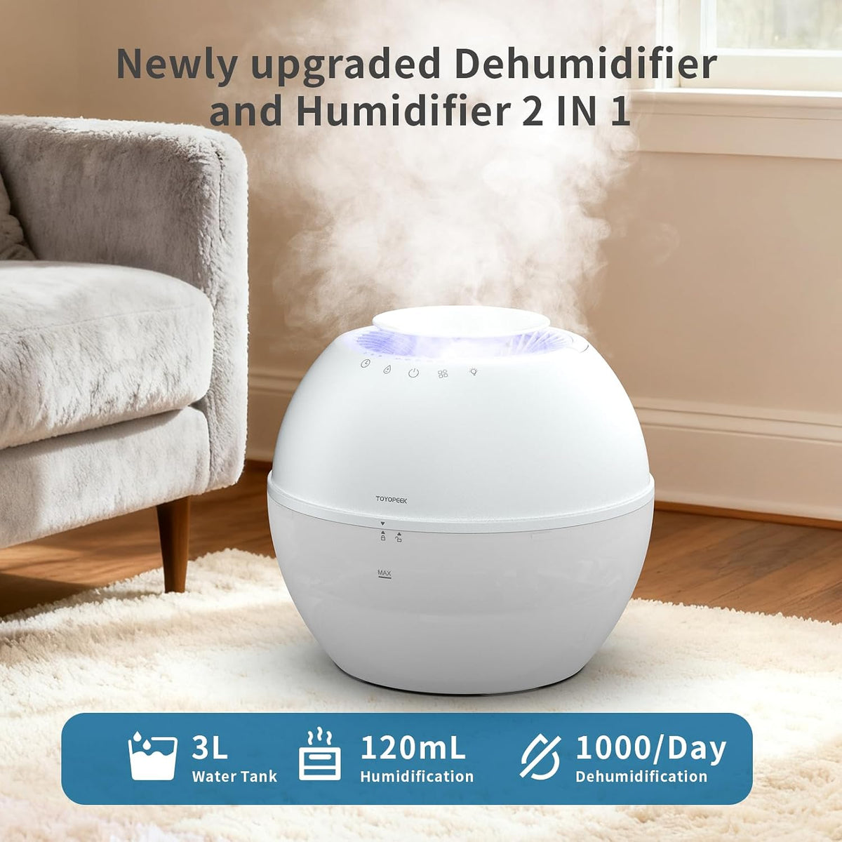 Dehumidifier & Humidifier 2-in-1 with Purifier, 101oz Tank, Whisper-Quiet Smart Steam Control for Bedroom, Baby Room, or Basement, Includes Drain Hose