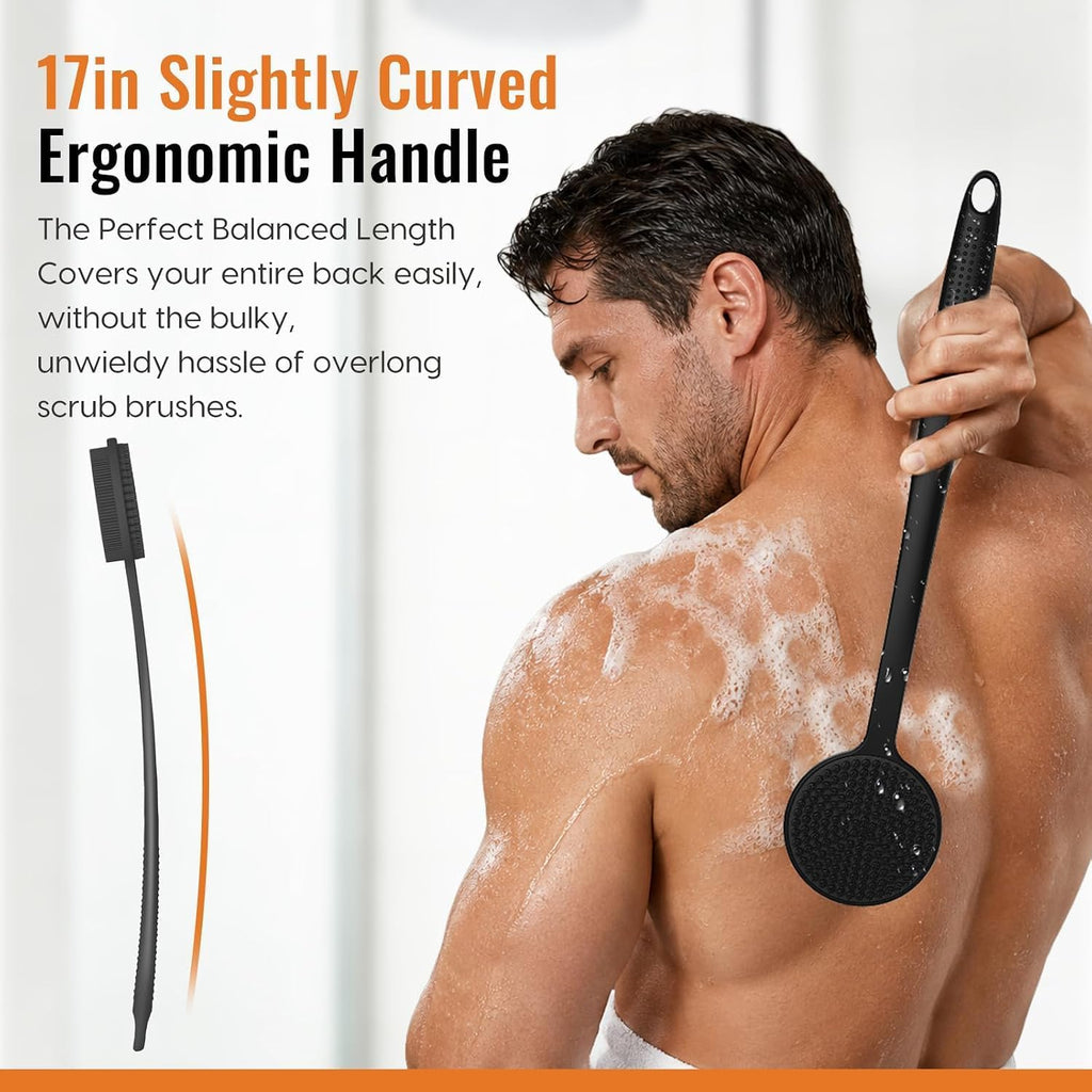 Silicone Back Scrubber for Shower &Silicone Face Scrubber, 2Pcs Silicone Exfoliating Brush Set with 17In Long Handle, Soft Body & Facial Cleansing Scrubber for Men Women