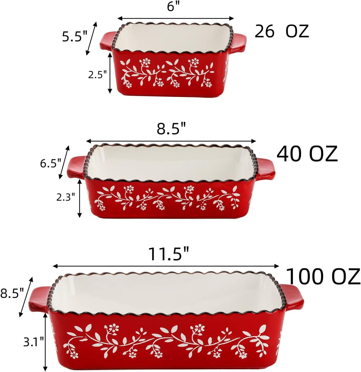 AVLA 3 Pack Ceramic Bakeware Set, Porcelain Rectangular Baking Dish Lasagna Pans for Cooking, Kitchen, Casserole Dishes, Cake Dinner, 12 x 8.5 x 6 Inches of Baking Pans, Banquet and Daily Use, Red